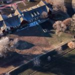 aerial photo of library with white trees